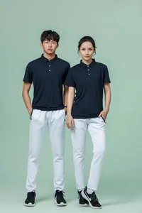Male and female models in navy quick-dry polo shirts and white athletic pants