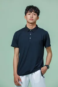 Professional close-up of an Asian male model wearing a navy blue quick-dry short sleeve polo shirt