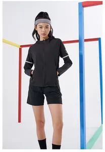 Women's black zippered hooded sports windbreaker jacket with reflective stripe detailing