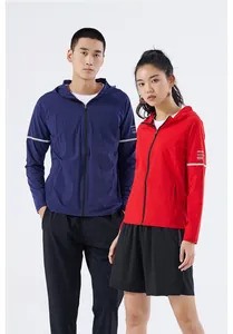 Duo shot of breathable hooded sun protection jackets in navy and red colors.