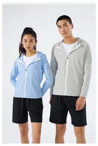 Outdoor hooded sun protection jackets for men and women in light blue and grey colors
