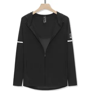 Lightweight women's black hooded sun protection jacket for outdoor sports and fitness.