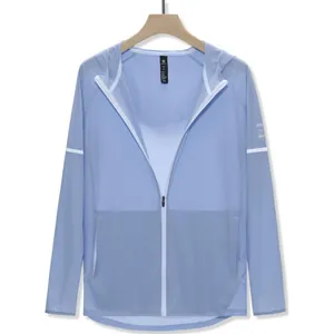 Lightweight breathable women's hooded sun protection sports jacket in light blue with zipper