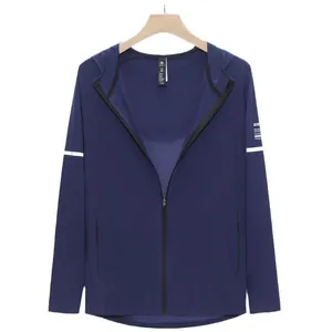 Women's blue hooded sun protection windbreaker with full zipper for outdoor sports