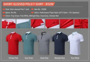 Detailed product specifications and five color options for men's athletic polo shirts