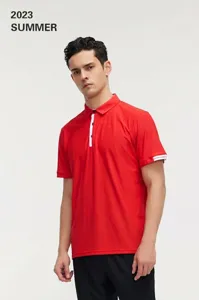 Detailed view of red athletic polo shirt with white trim and breathable fabric
