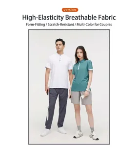 Couple wearing breathable pique fabric sports polo shirts for tennis and fitness