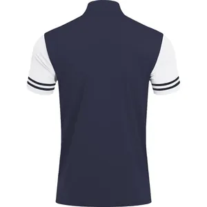 Schnelltrocknendes marineblaues Poloshirt Rückansicht mit weiß gestreiften Ärmeln