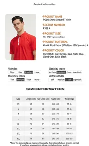 Detailed size chart for men's athletic polo shirt with material and fit specifications