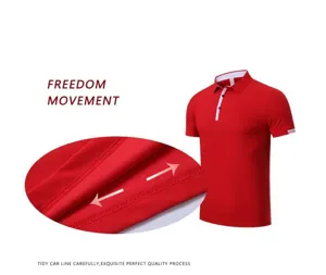 Close-up of red breathable sports polo shirt showing durable stitching detail