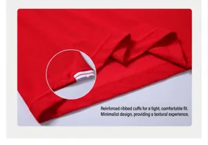 Close-up of red polo shirt showing ribbed cuffs and breathable pique fabric texture