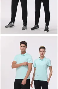 Detail shot of breathable mint green quick-dry polo shirts on male and female models.