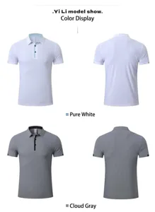 Front and back views of breathable pique fabric polo shirts in pure white and cloud grey colors.