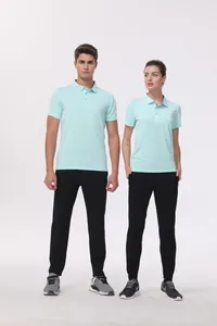 Matching light blue quick-dry polo shirts and black joggers worn by male and female models