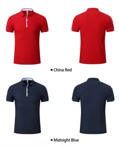 Front and back views of red and navy blue breathable short-sleeved polo shirts.