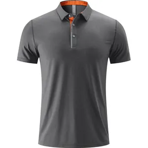 Polo de sport pour hommes gris foncé en polyester cationique avec col orange.