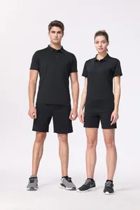 Front view of male and female models wearing black quick-dry athletic polo sets.