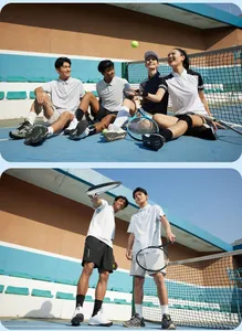 Grupo de jóvenes deportistas con polos transpirables en una pista de tenis soleada.