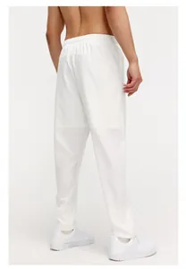 Detailed back view of loose fit breathable white athletic trousers for men and women