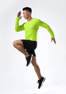 Camiseta deportiva de manga larga verde neón para maratón, secado rápido y transpirable