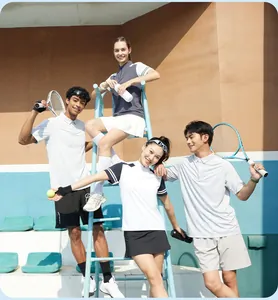 Group of athletes posing in breathable quick-dry tennis polo shirts and sportswear.