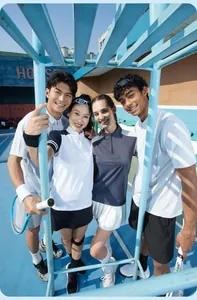 Four young athletes posing in breathable quick-dry tennis polo shirts on a blue court