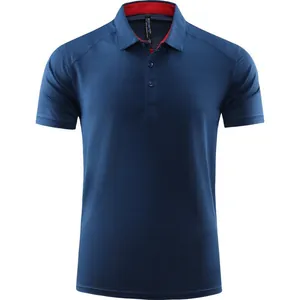 Navy blue quick-dry short sleeve athletic polo shirt with breathable horizontal stripe texture