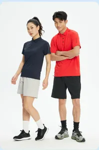 Models wearing moisture-wicking quick-dry sports polo shirts and athletic shorts