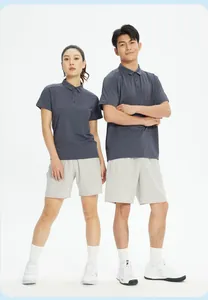 Asian male and female models wearing dark grey moisture-wicking sports polo shirts