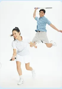 Dynamic shot of male and female models in breathable quick-dry sports Polo shirts.