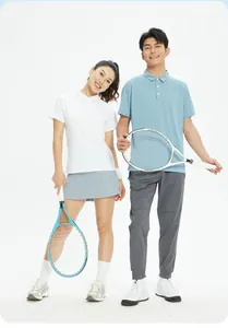 Sporty breathable moisture-wicking polo shirts for men and women in a tennis theme