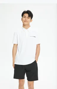 Male model wearing white polo shirt and black quick-dry athletic shorts