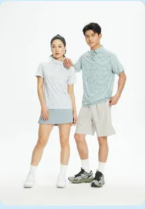 Full view of couple wearing breathable quick-dry sports polo shirts for outdoor tennis