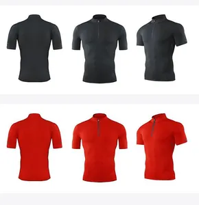 Vues multi-angles de t-shirts de sport à compression pour hommes en rouge et noir avec demi-zip.