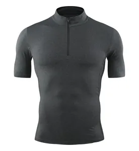 T-shirt de sport gris pour hommes, col zippé, matière séchage rapide