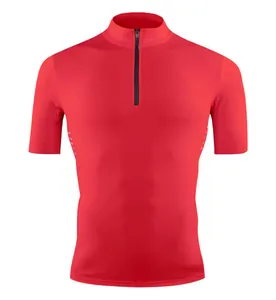 T-shirt de sport rouge professionnel à demi-zip pour hommes, séchage rapide pour le fitness