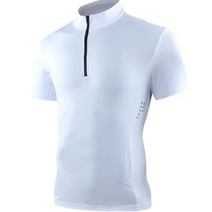 T-shirt de sport blanc à demi-fermeture éclair pour homme, haut de fitness à compression.