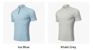 Détail des t-shirts de sport en soie glacée à séchage rapide bleu et kaki