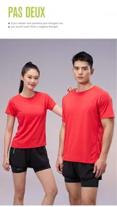 Asian male and female models wearing red quick-dry athletic t-shirts in a studio setting