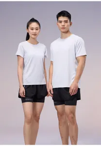 Full-length view of male and female models in white quick-dry athletic t-shirts and shorts.