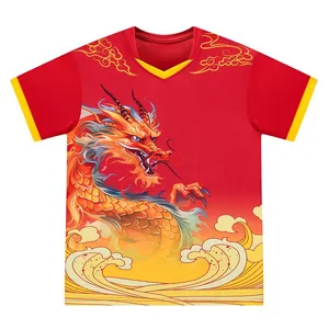 Premium red quick-dry dragon boat racing T-shirt featuring a detailed traditional dragon print