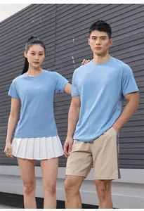 Athletic models showcasing light blue quick-dry short-sleeved running shirts in summer