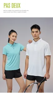 Close-up of Asian models wearing breathable quick-dry athletic polo shirts in a studio setting.