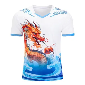 Detailed view of white quick-dry T-shirt with intricate dragon boat and wave graphic