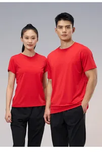 Front view of male and female models wearing red quick-dry crew neck T-shirts