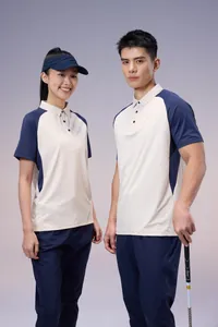 Male and female models wearing matching beige and navy quick-dry sports polo shirts