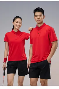 Asian man and woman wearing red breathable quick-dry athletic Polo shirts and shorts
