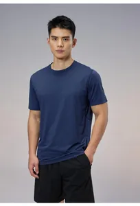 Full front view of a navy blue quick-dry ice silk T-shirt worn by a professional model