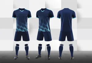 Professional navy blue soccer training uniform set with light blue geometric pattern design