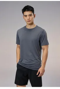 Detailed view of a premium grey quick-dry ice silk T-shirt worn by a professional male model